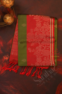 dark-olive-green-colour-body-with-golden-zari-butta-with-contrast-blouse-border
