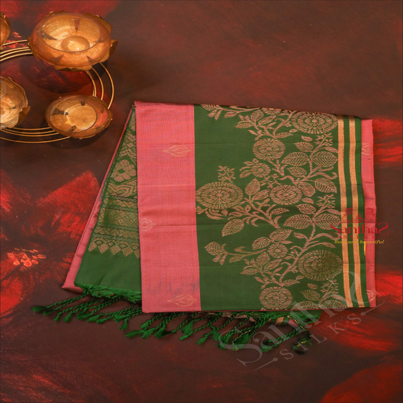 DUSTY PINK COLOUR BODY WITH GOLDEN ZARI BUTTA WITH CONTRAST BLOUSE & BORDER