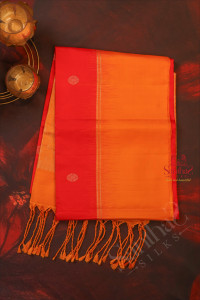 candy-apple-red-colour-body-with-golden-zari-butta-and-contrast-colour-pallu-blouse