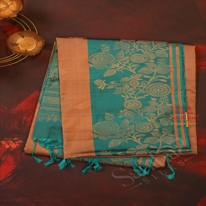 PEANUT BROWN COLOUR BODY WITH GOLDEN ZARI BUTTA WITH CONTRAST BLOUSE & BORDER