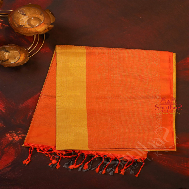 LEMON YELLOW COLOUR BODY WITH GOLDEN ZARI TREE BUTTA WITH CONTRAST BLOUSE & BORDER