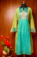 TEAL BLUE CHANDERI SEMI -STITCHED SUIT SET