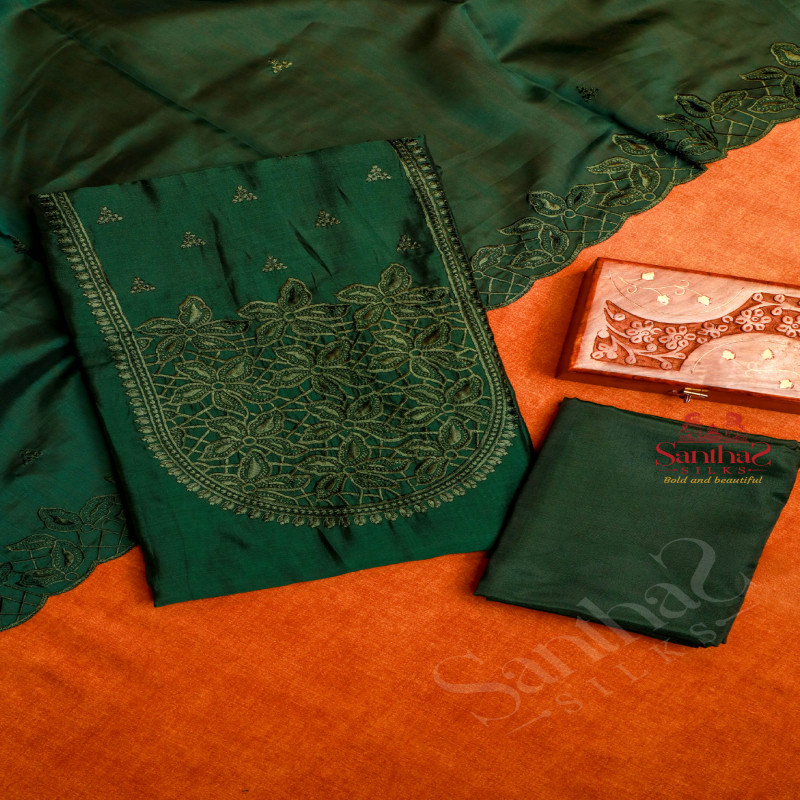 DARK GREEN SEMI TUSSAR UNSTITCHED SALWAR SUIT