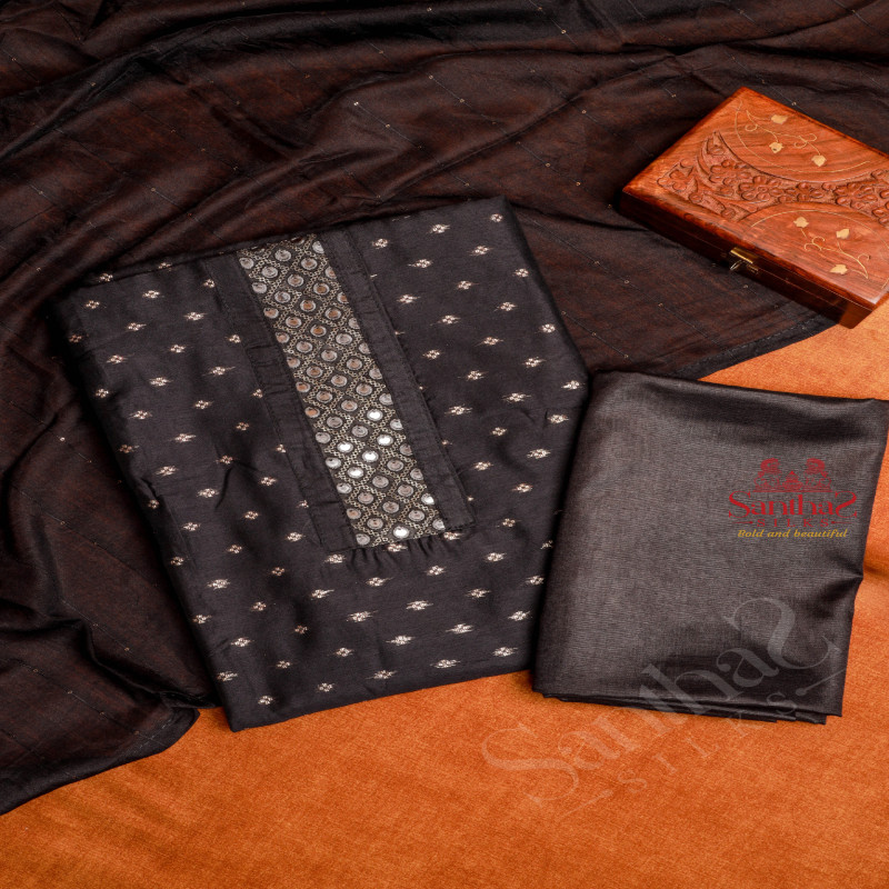 BLACK COLOUR SEMI TUSSAR UNSTITCHED SALWAR SUIT