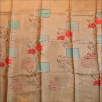 ARTICHOKE GREEN COLOUR CHECKED TUSSAR SAREE WITH DIGITAL PRINT FLORAL MOTIF WITH COPPER ZARI BORDER & CONTRAST BLOUSE