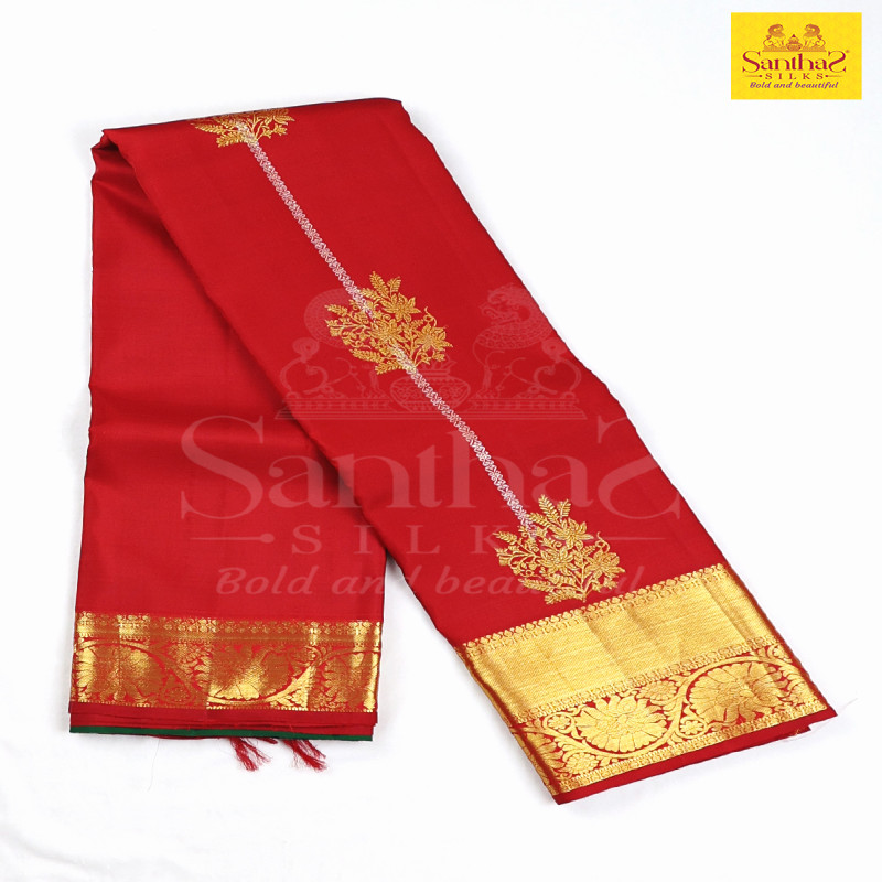 Red Color Pure Silk with Golden Zari Border