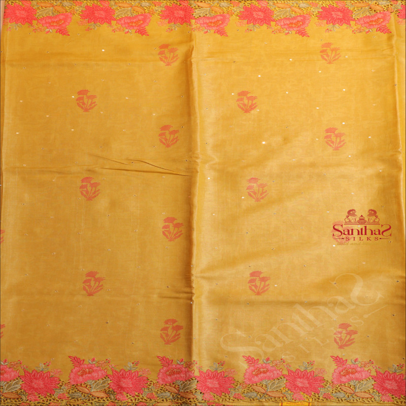 OLIVE GREEN COLOUR TUSSAR SAREE CUT WORK FLORAL BORDER WITH SELF BLOUSE