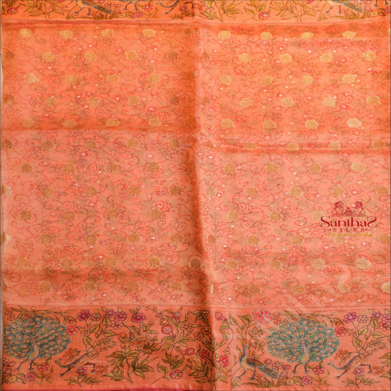 LIGHT PEACH COLOUR ORGANZA SAREE WITH DIGITAL PRINT AND HANDWORK