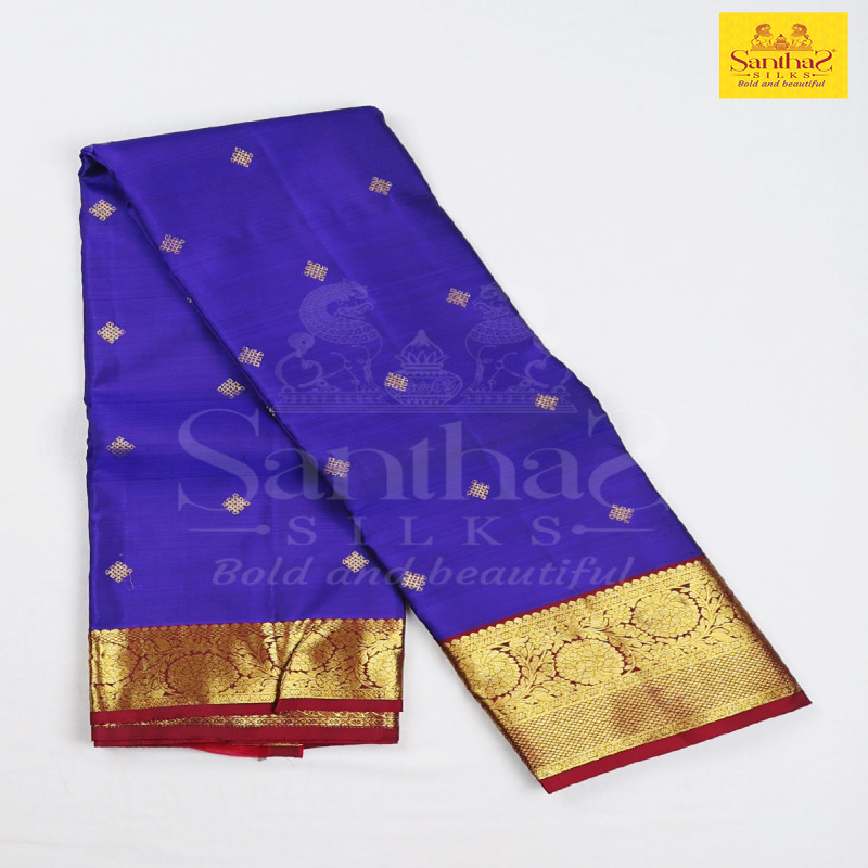 MS Blue Pure Silk with Contrast Rani Pink Border