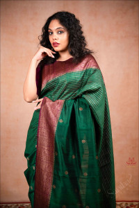 dark-green-colour-raw-silk-saree-body-with-bittas-strips-and-contrast-pallu-blouse