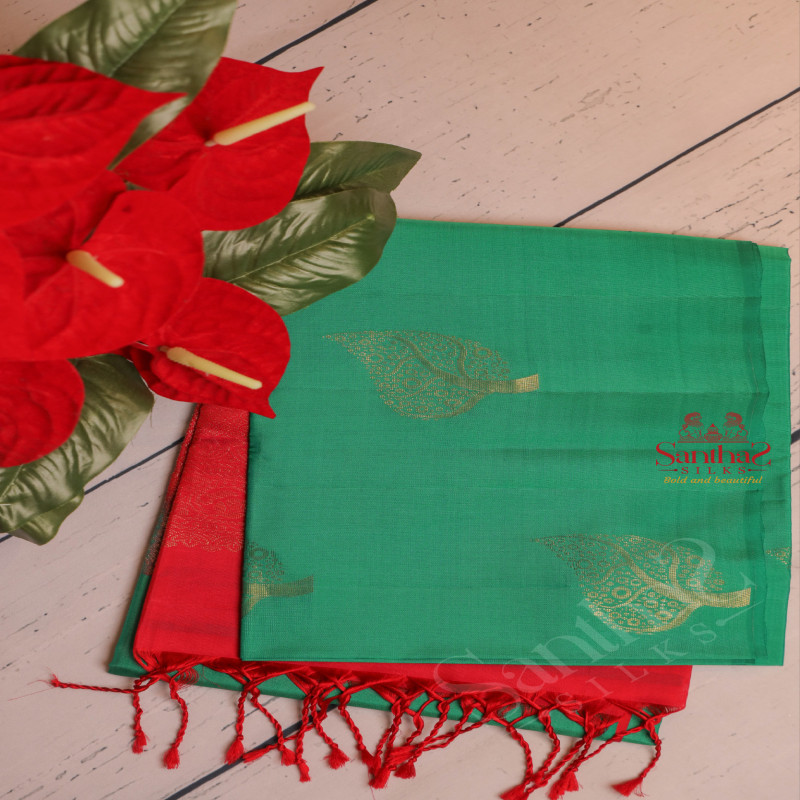 GREEN COLOUR BODY WITH GOLDEN ZARI BUTTA WITH CONTRAST BLOUSE & BORDER