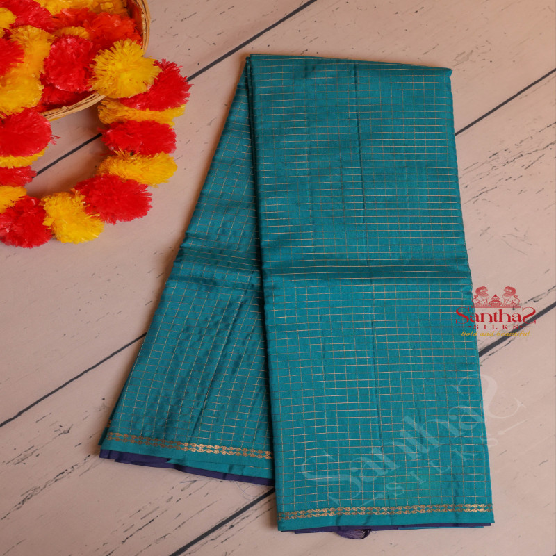 TEAL BLUE COLOUR CHECKED BODY WITH CONTRAST BLOUSE & BORDER