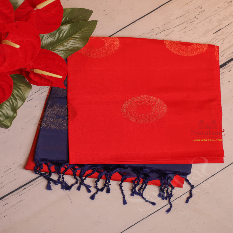 RED COLOUR BODY WITH GOLDEN ZARI FANCY BUTTA WITH CONTRAST BLOUSE & BORDER