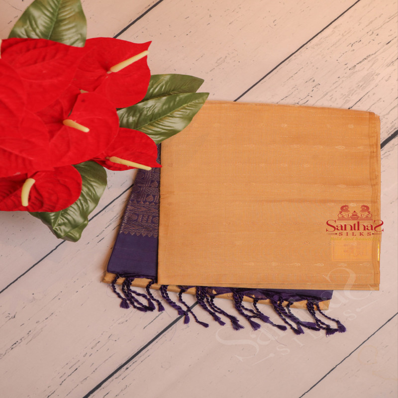 CAMEL BROWN COLOUR BODY WITH GOLDEN ZARI STRIPS WITH CONTRAST BLOUSE & BORDER