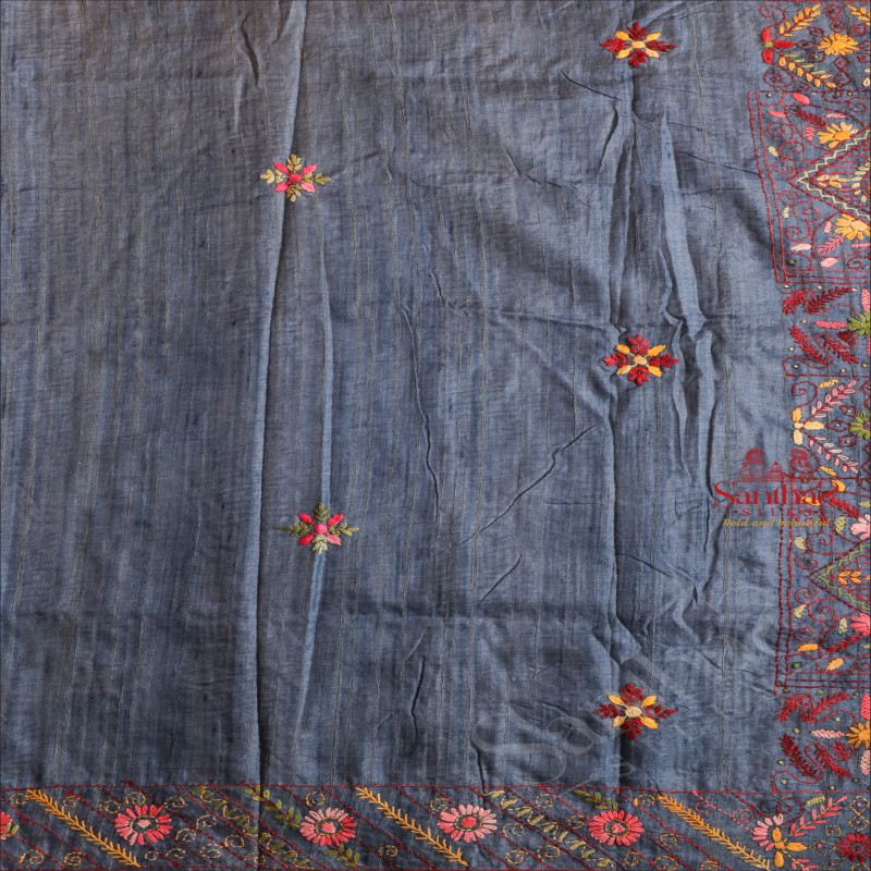 SEMI TUSSAR SAREE WITH LAMBANI WORK IN ELEPHANT GREY COLOUR 