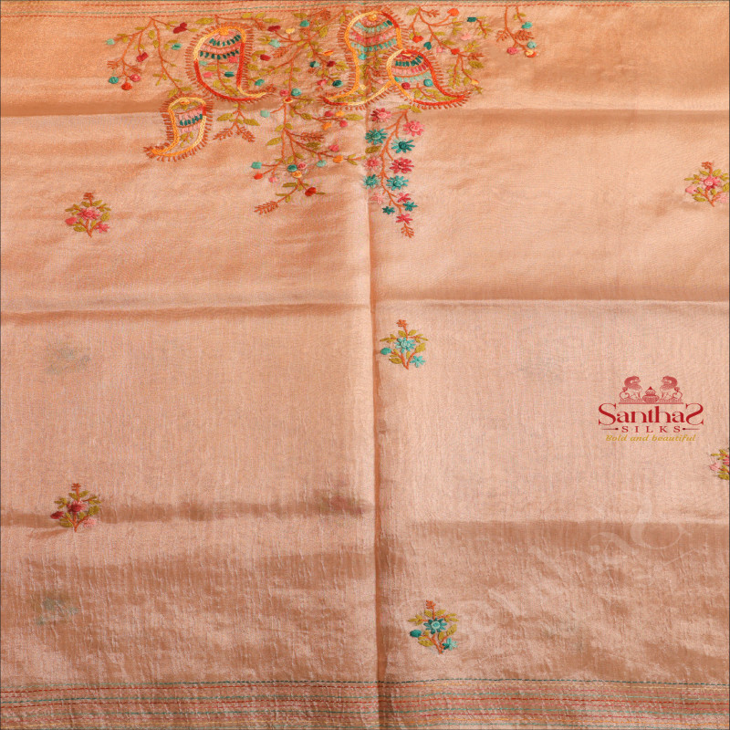 TISSUE SAREE WITH HAND EMBORIDERY WORK IN METALIC COPPER COLOUR 
