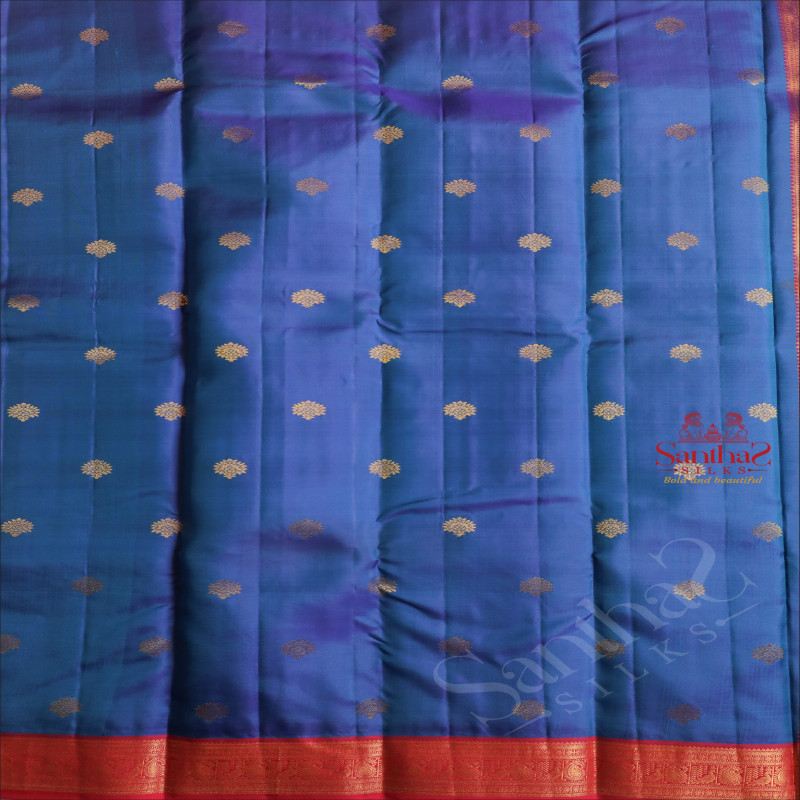 PEPSI BLUE COLOUR BODY WITH GOLDEN ZARI BUTTA WITH CONTRAST BLOUSE & BORDER