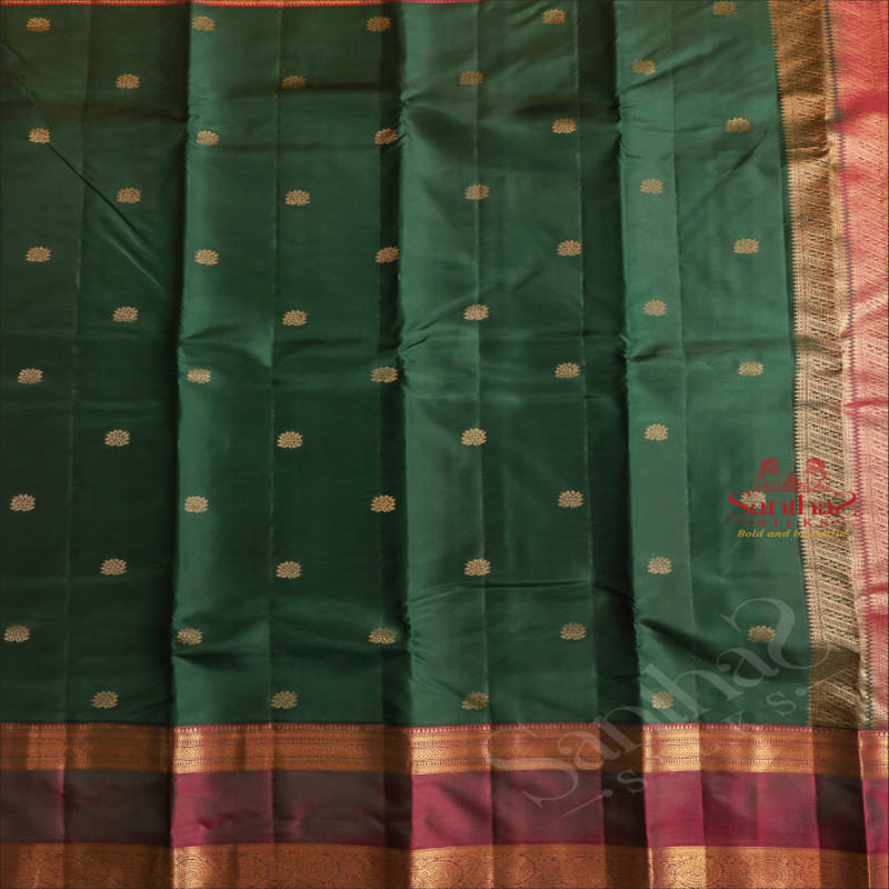 BOTTLE GREEN COLOUR BODY WITH GOLDEN ZARI FLORAL BUTTA WITH CONTRAST BLOUSE & BORDER