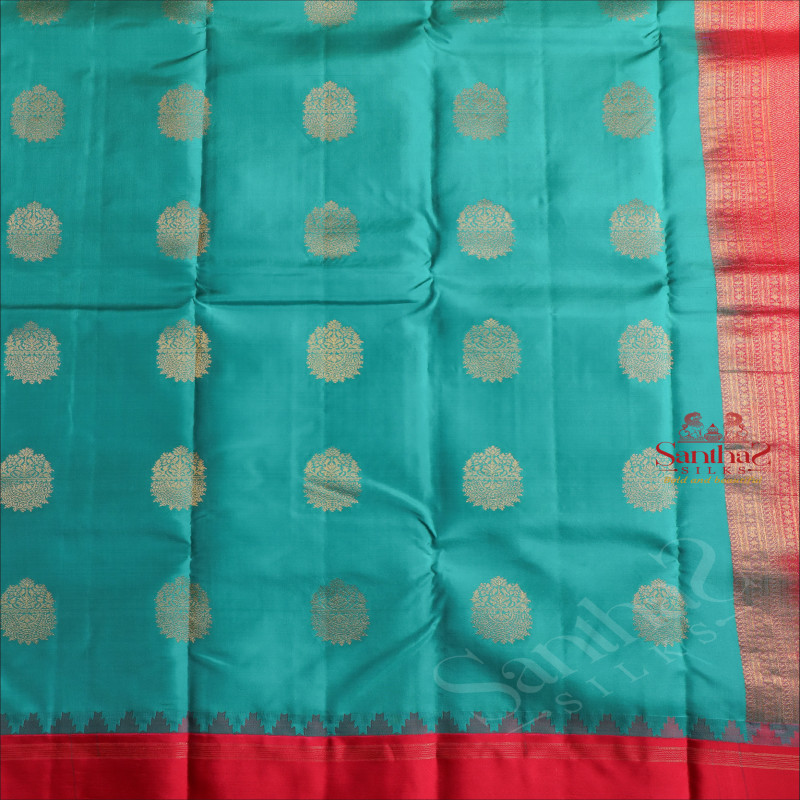 OCEAN BLUE COLOUR BODY WITH GOLDEN ZARI BIG BUTTA WITH CONTRAST BLOUSE & BORDER