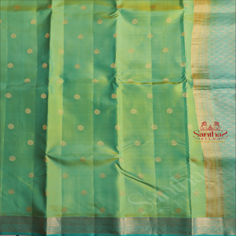 MINT GREEN COLOUR BODY WITH GOLDEN ZARI BUTTAS AND CONTRAST PALLU & BLOUSE