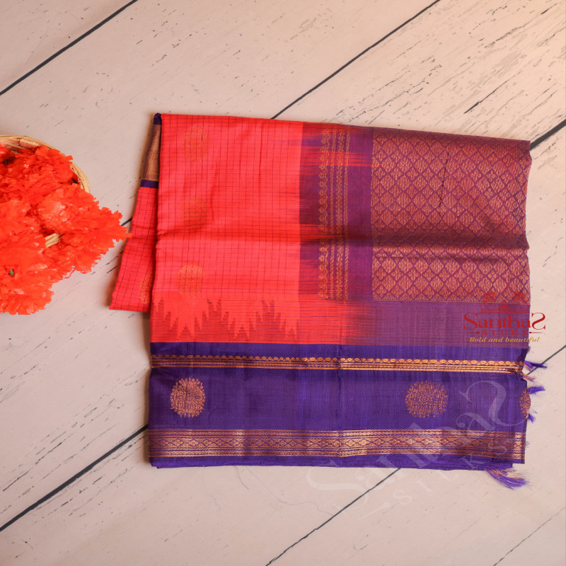 DARK PINK COLOUR BODY WITH GOLDEN ZARI BUTTA WITH CONTRAST BLOUSE & BORDER