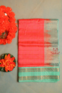 peach-colour-checked-body-with-golden-zari-butta-with-contrast-blouse-border