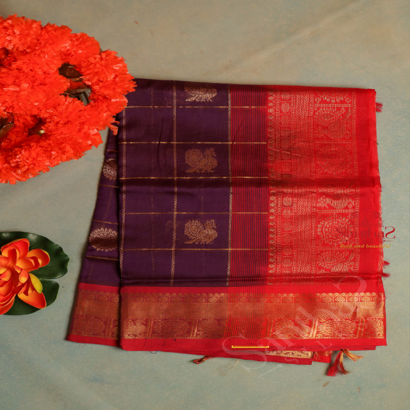 VIOLET COLOUR CHECKED BODY WITH GOLDEN ZARI ANNAM BUTTA WITH CONTRAST BLOUSE & BORDER
