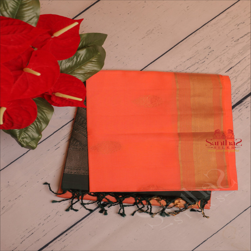 LIGHT ORANGE COLOUR BODY WITH GOLDEN ZARI BUTTA WITH CONTRAST BLOUSE & BORDER