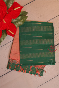 peach-colour-body-with-golden-zari-embosed-butta-with-contrast-blouse-border