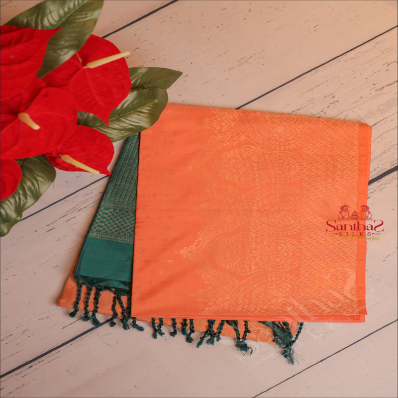 ORANGE COLOUR BODY WITH GOLDEN ZARI BUTTA WITH CONTRAST BLOUSE & BORDER