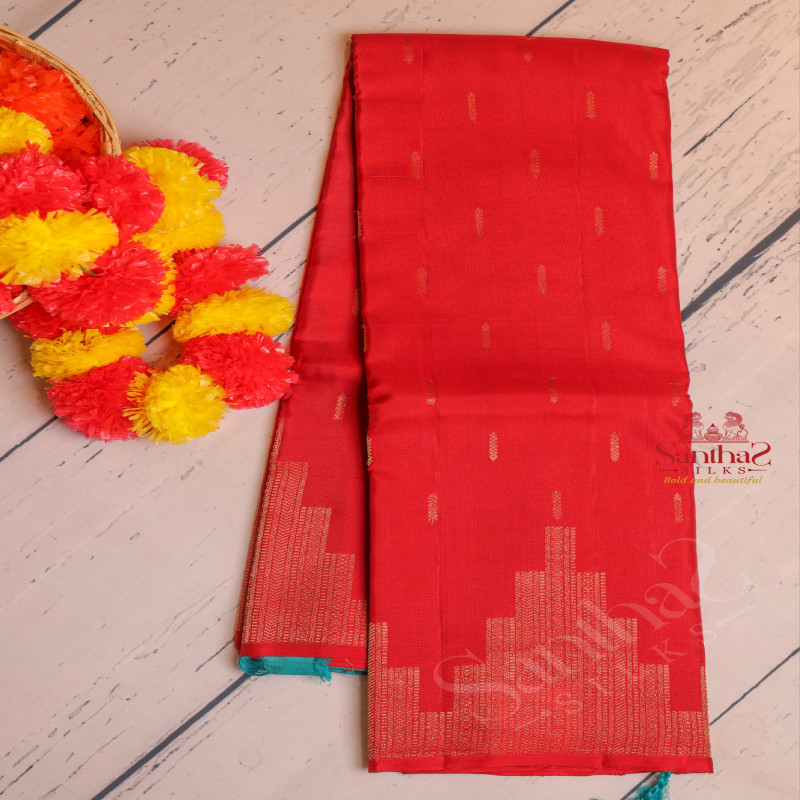 BORDERLESS RED COLOUR BODY WITH GOLDEN ZARI FANCY BUTTA WITH CONTRAST BLOUSE & BORDER