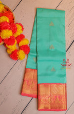 TURQUOISE BLUE COLOUR BODY WITH FGOLDEN ZARI BUTTA WITH CONTRAST BLOUSE & BORDER