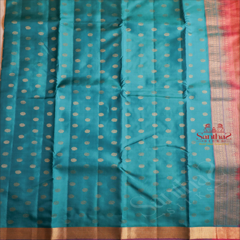 TEAL BLUE COLOUR BODY WITH GOLDEN ZARI BUTTAS AND CONTRAST PALLU & BLOUSE