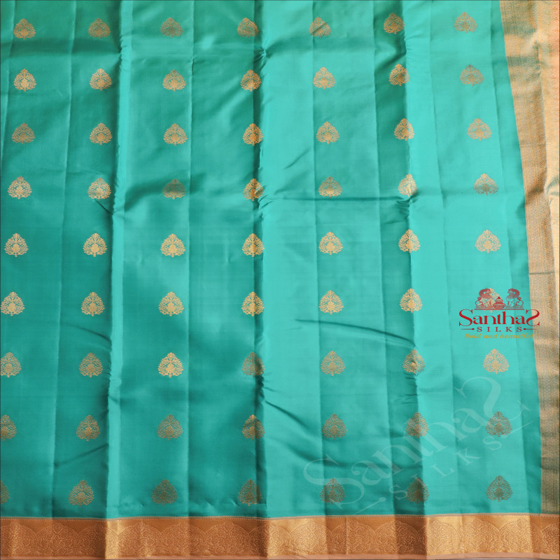 AQUA MARINE BLUE COLOUR BODY WITH GOLDEN ZARI BUTTAS AND CONTRAST PALLU & BLOUSE
