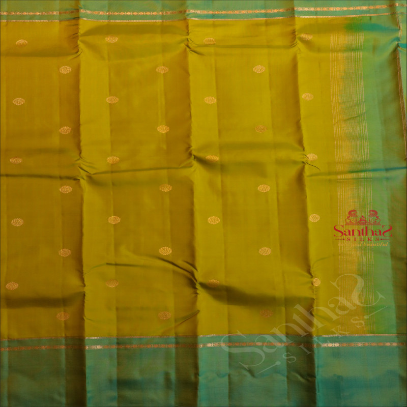 MEHANDI GREEN COLOUR BODY WITH GOLDEN ZARI BUTTAS AND CONTRAST PALLU & BLOUSE