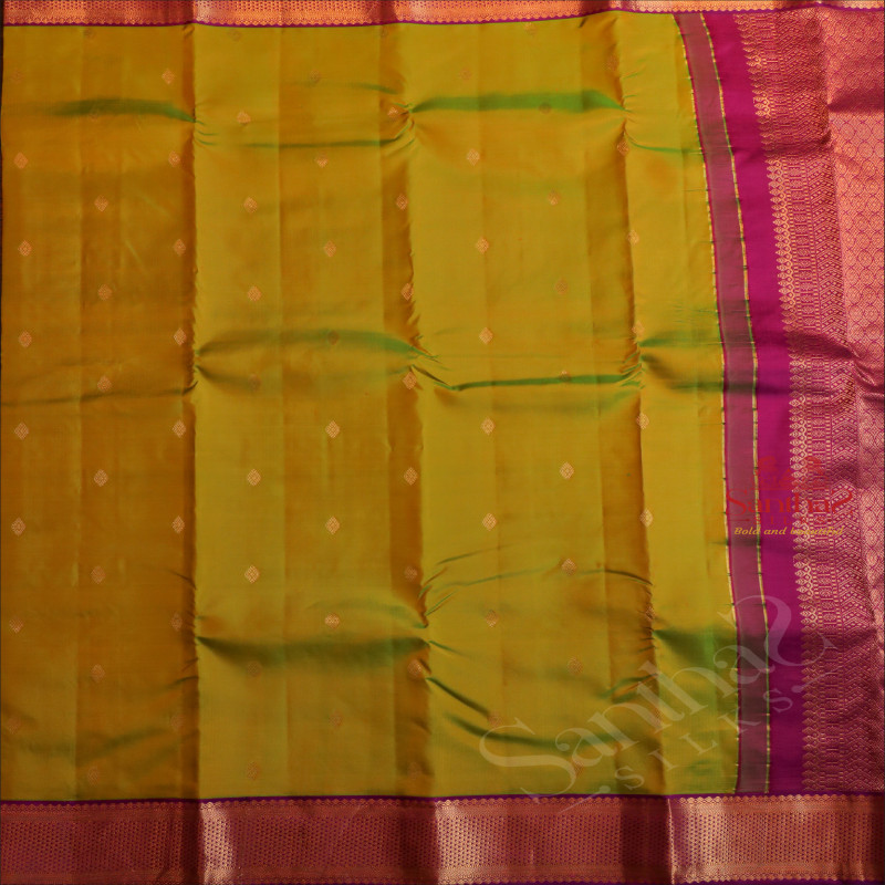 LIME GREEN COLOUR BODY WITH GOLDEN ZARI BUTTAS AND CONTRAST PALLU & BLOUSE