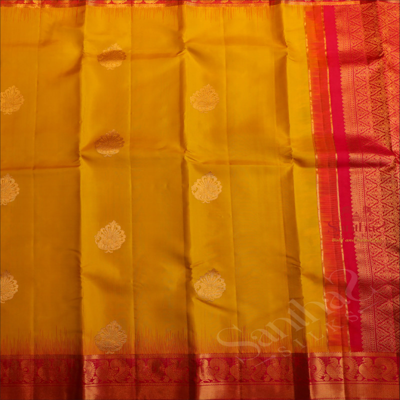 YELLOW COLOUR BODY WITH GOLDEN ZARI BUTTA WITH CONTRAST BLOUSE & BORDER