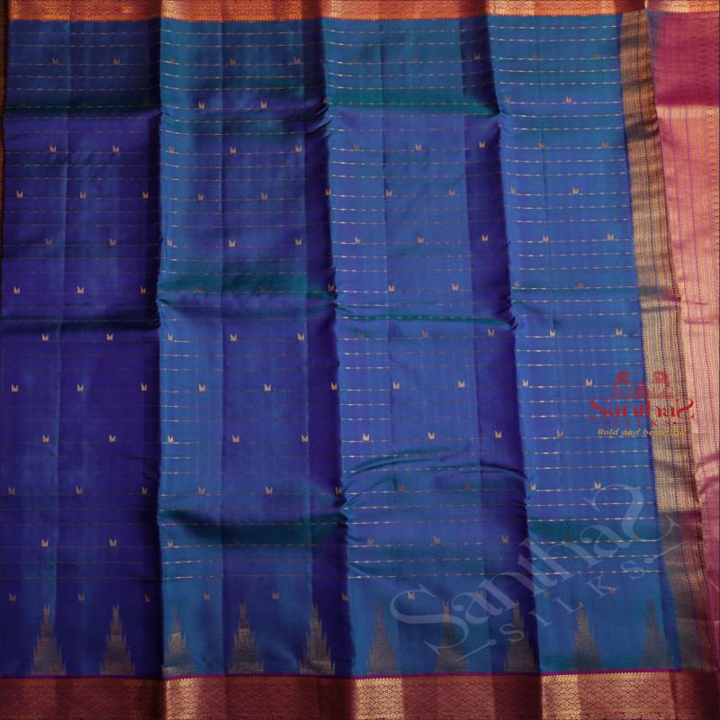 PEACOCK BLUE COLOUR BODY WITH GOLDEN ZARI GOPURAM BUTTAS AND CONTRAST PALLU & BLOUSE