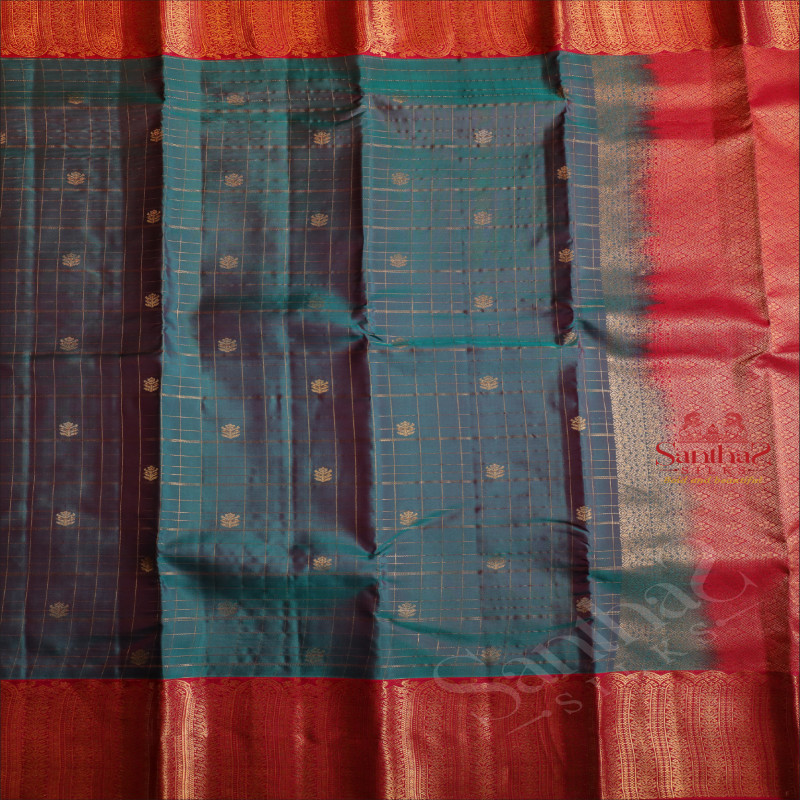 OCEAN BLUE COLOUR CHECKED BODY WITH ZARI BUTTA WITH CONTRAST BLOUSE & BORDER