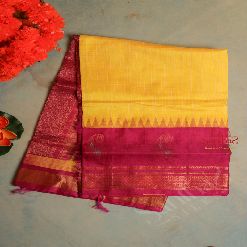 LEMON YELLOW COLOUR CHECKED BODY WITH CONTRAST BLOUSE & BORDER
