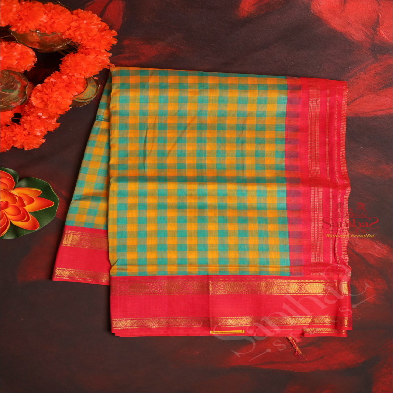YELLOW AND GREEN COLOUR CHECKED BODY WITH CONTRAST BLOUSE & BORDER