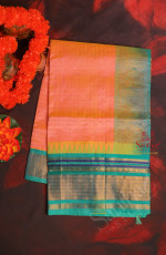 PEACH ORANGE COLOUR CHECKED BODY WITH CONTRAST BLOUSE & BORDER