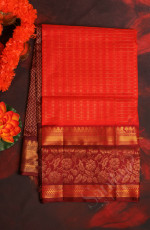 RED COLOUR CHECKED BODY WITH GOLDEN ZARI BUTTA WITH CONTRAST BLOUSE & BORDER