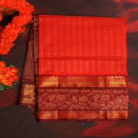 red-colour-checked-body-with-golden-zari-butta-with-contrast-blouse-border