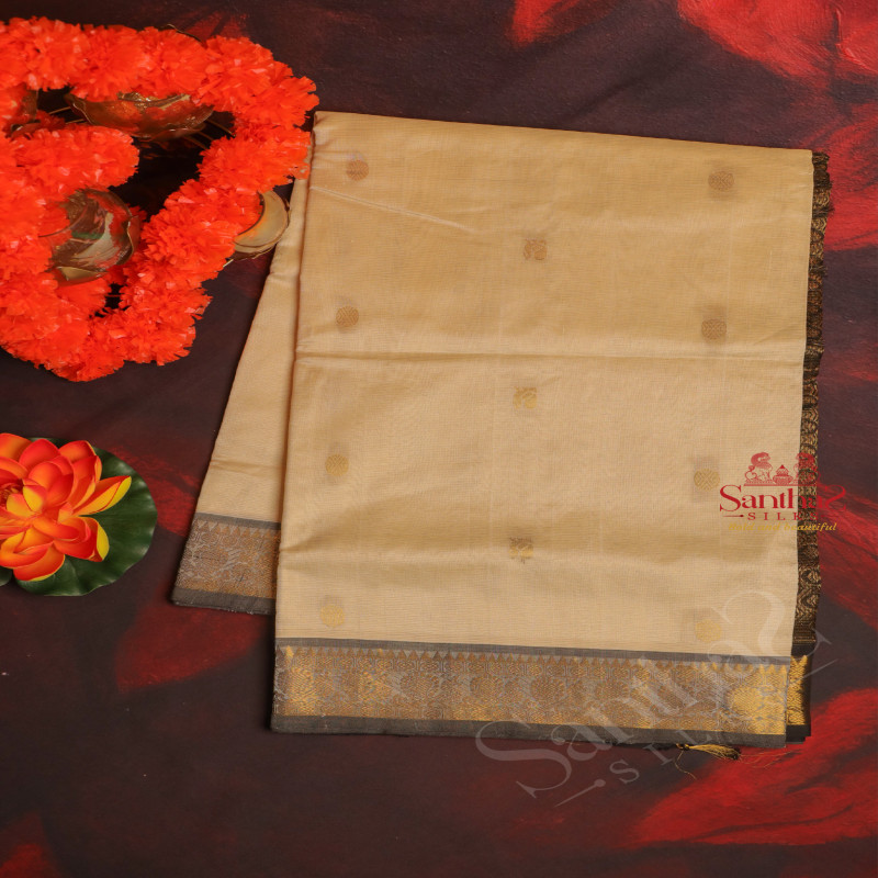 IVORY COLOUR BODY WITH GOLDEN ZARI ANNAM BUTTA WITH CONTRAST BLOUSE & BORDER