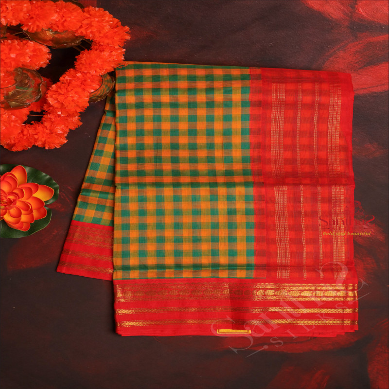 YELLOW AND GREEN COLOUR CHECKED BODY WITH CONTRAST BLOUSE & BORDER