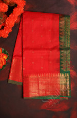 RED COLOUR BODY WITH GOLDEN STRIPS AND BUTTA WITH CONTRAST BLOUSE & BORDER