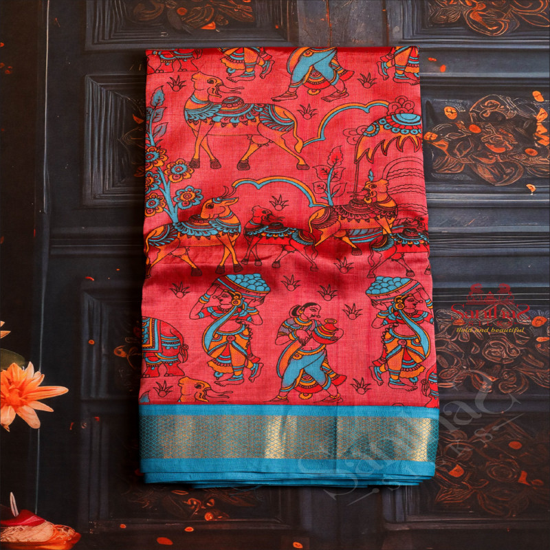 DARK PINK COLOUR BODY WITH PICHWAI PAINTING WITH CONTRAST BLOUSE & BORDER