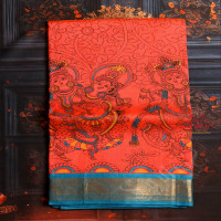 orange-colour-body-with-kalamkari-printed-with-contrast-blouse-border