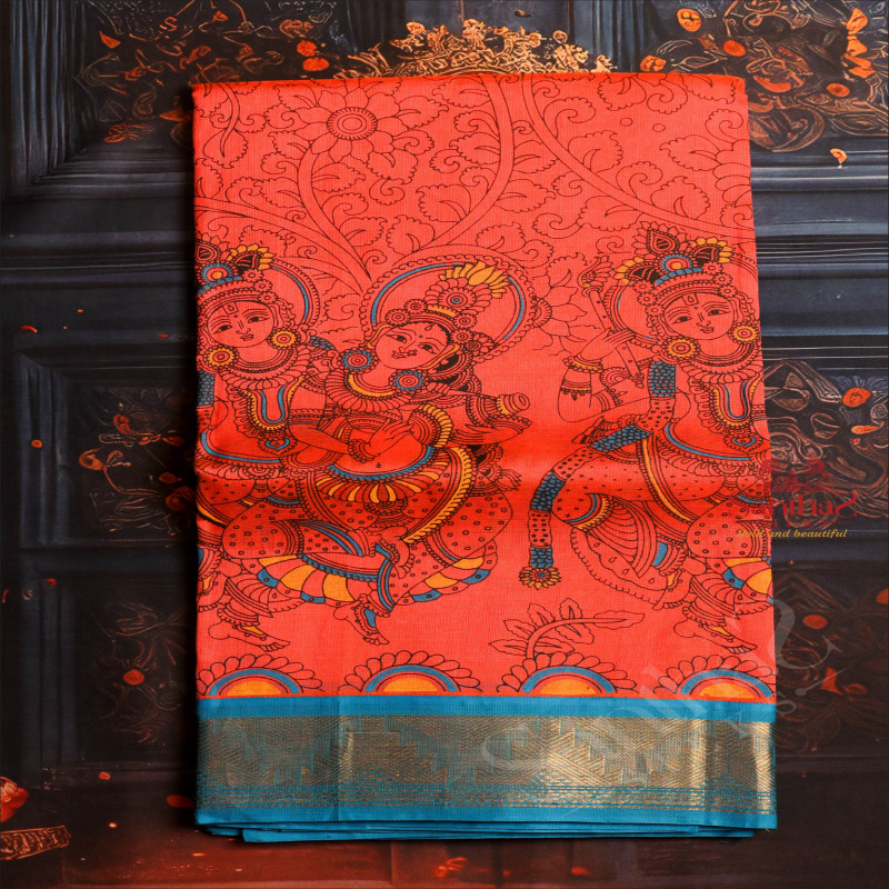 ORANGE COLOUR BODY WITH KALAMKARI PRINTED WITH CONTRAST BLOUSE & BORDER